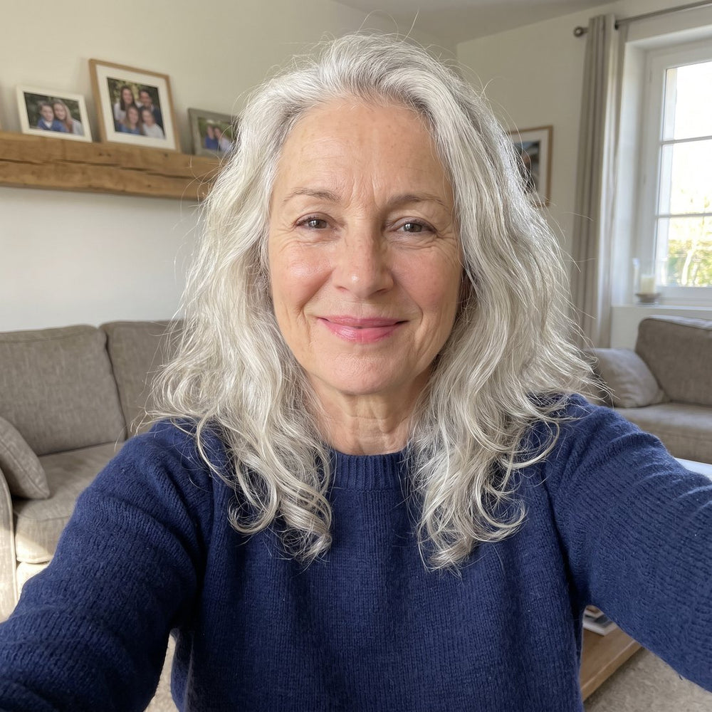 Femme aux cheveux gris souriante chez elle